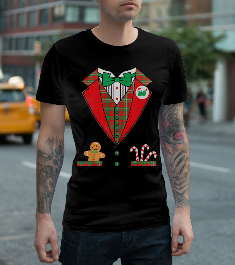 Funny Christmas Costume Tuxedo Ho Ho Ho Bow Tie Gingerbread Candy Cane T-Shirt