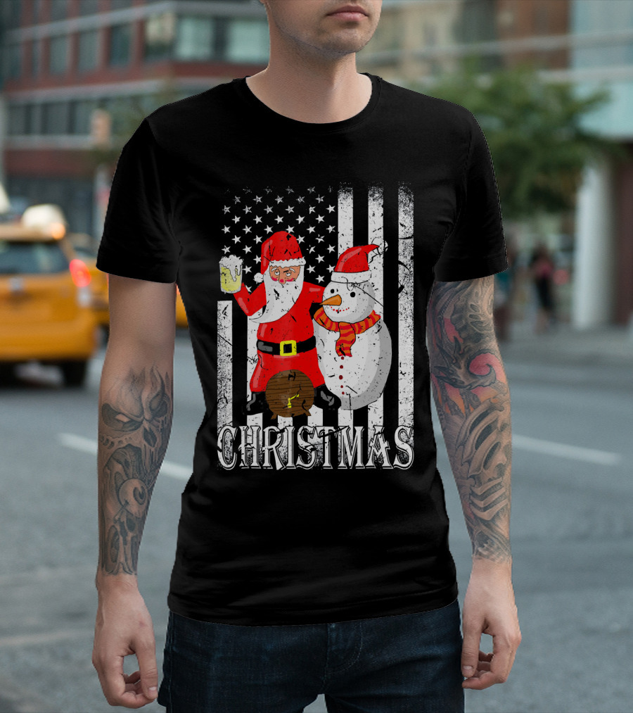 Christmas Santa Claus Snowman with Beer American Flag T-Shirt