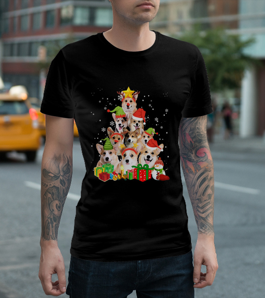 Corgi Christmas Tree With Snowflakes And Holiday Hats T-Shirt
