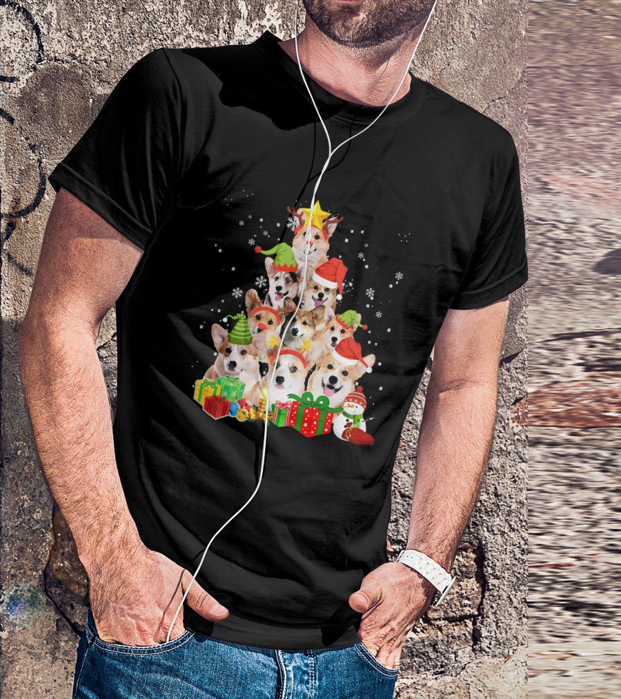 Corgi Christmas Tree With Snowflakes And Holiday Hats T-Shirt