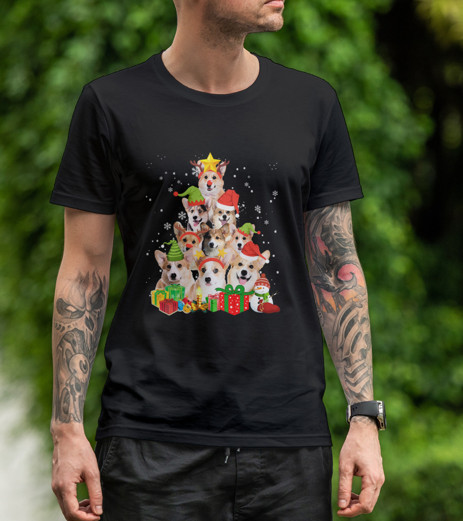Corgi Christmas Tree With Snowflakes And Holiday Hats T-Shirt