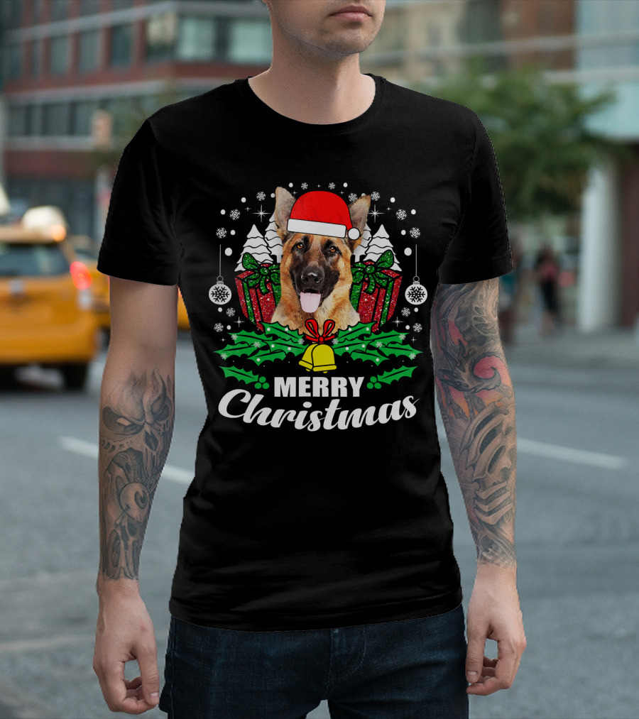 German Shepherd Merry Christmas Santa Hat Festive Holiday Dog Love T-Shirt