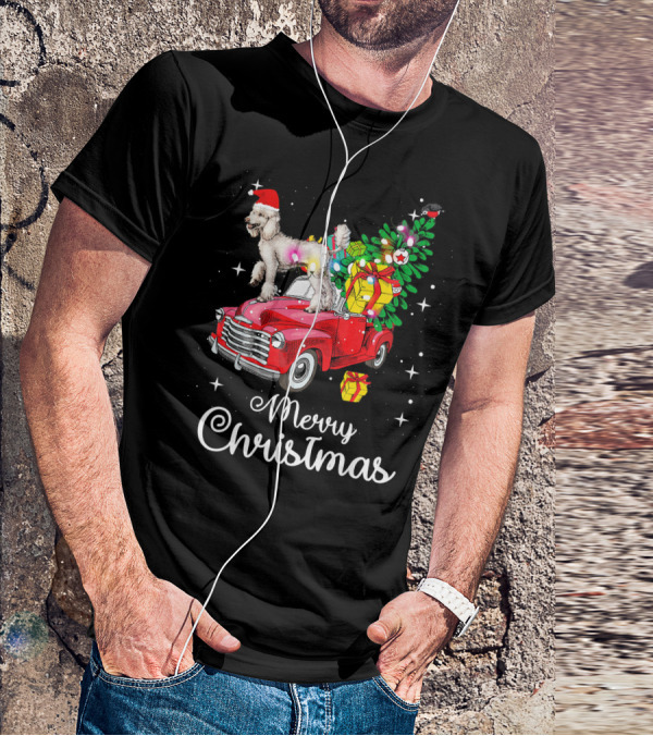 Merry Christmas Poodle With Santa Hat On Red Truck With Gifts And Christmas Tree T-Shirt