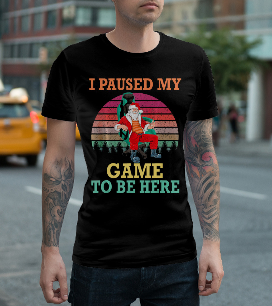 I Paused My Game To Be Here Santa Gamer Chair Vintage Sunset T-Shirt