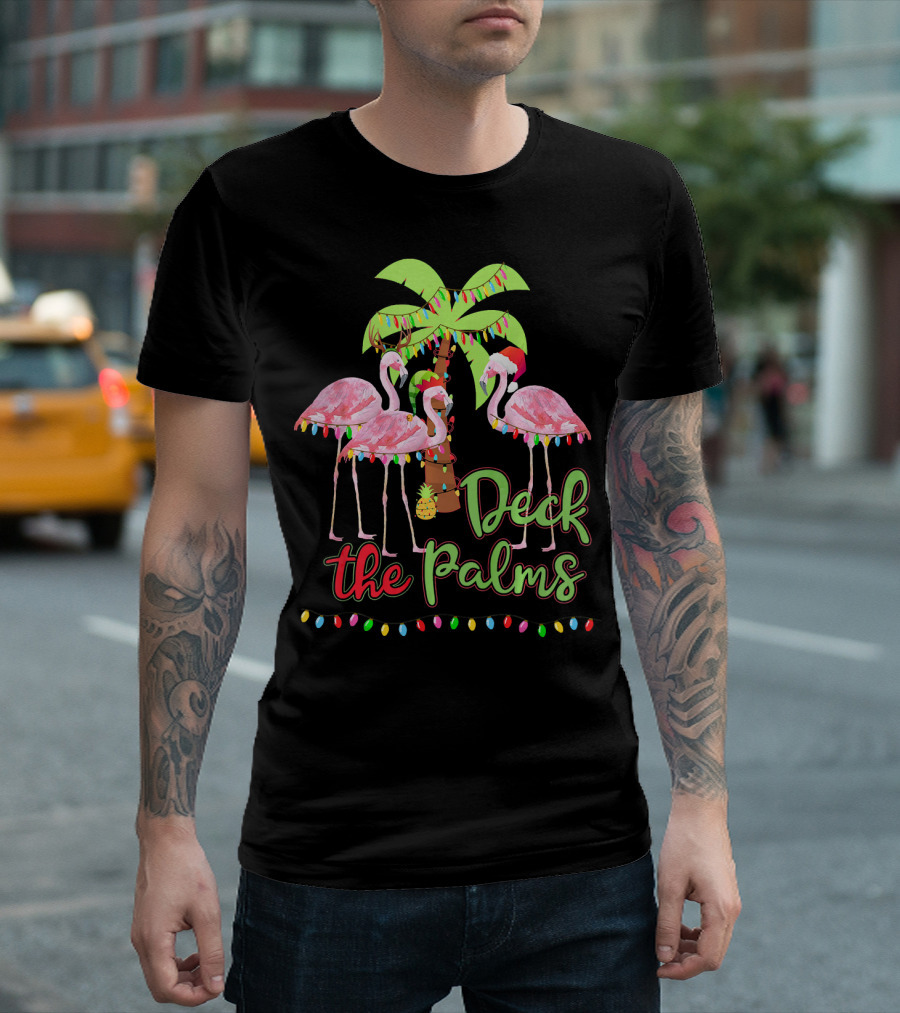 Deck the Palms Flamingo Christmas Lights Tropical Holiday T-Shirt