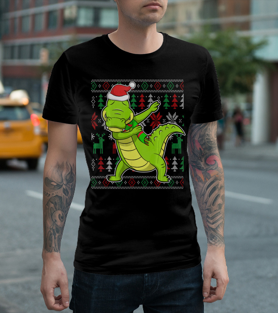 Ugly Christmas Dabbing Alligator Santa Hat Festive T-Shirt