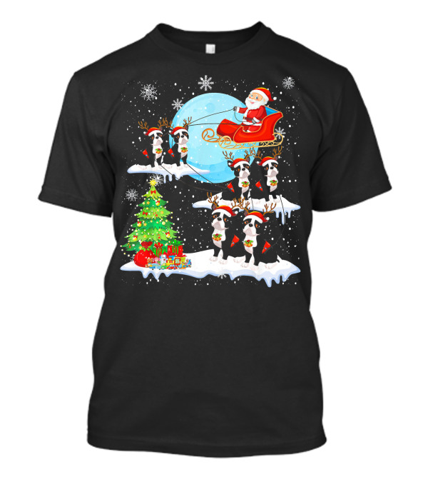 Santa Sleigh With Boston Terrier Reindeer And Christmas Tree T-Shirt
