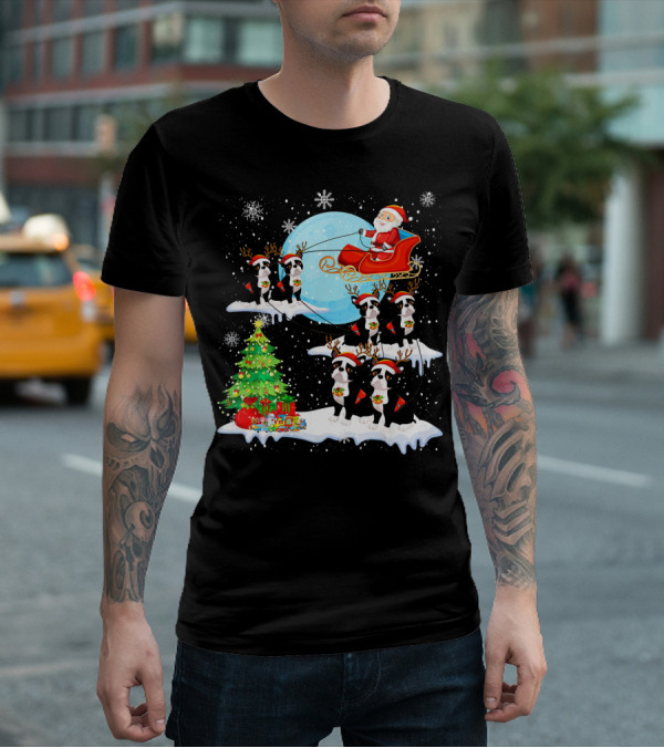 Santa Sleigh With Boston Terrier Reindeer And Christmas Tree T-Shirt