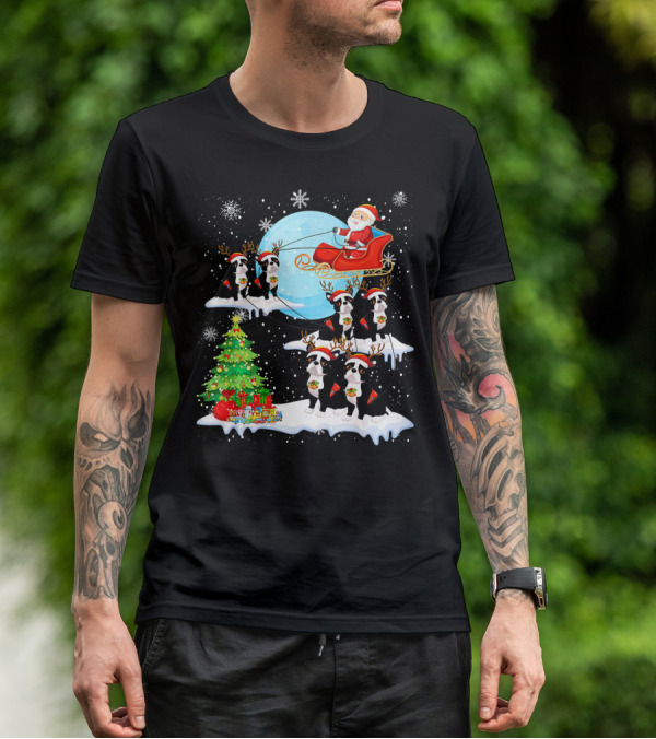 Santa Sleigh With Boston Terrier Reindeer And Christmas Tree T-Shirt