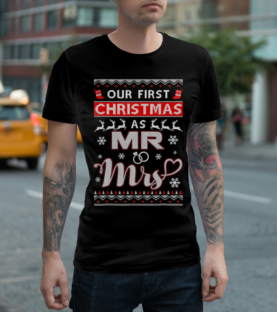 Our First Christmas as Mr and Mrs Festive Reindeer Snowflakes T-Shirt