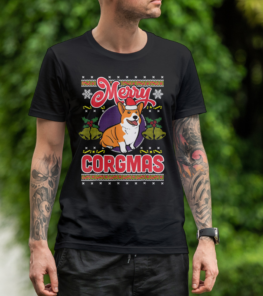 Merry Corgmas Ugly Christmas Corgi Dog Santa Hat Snowflakes Holiday T-Shirt