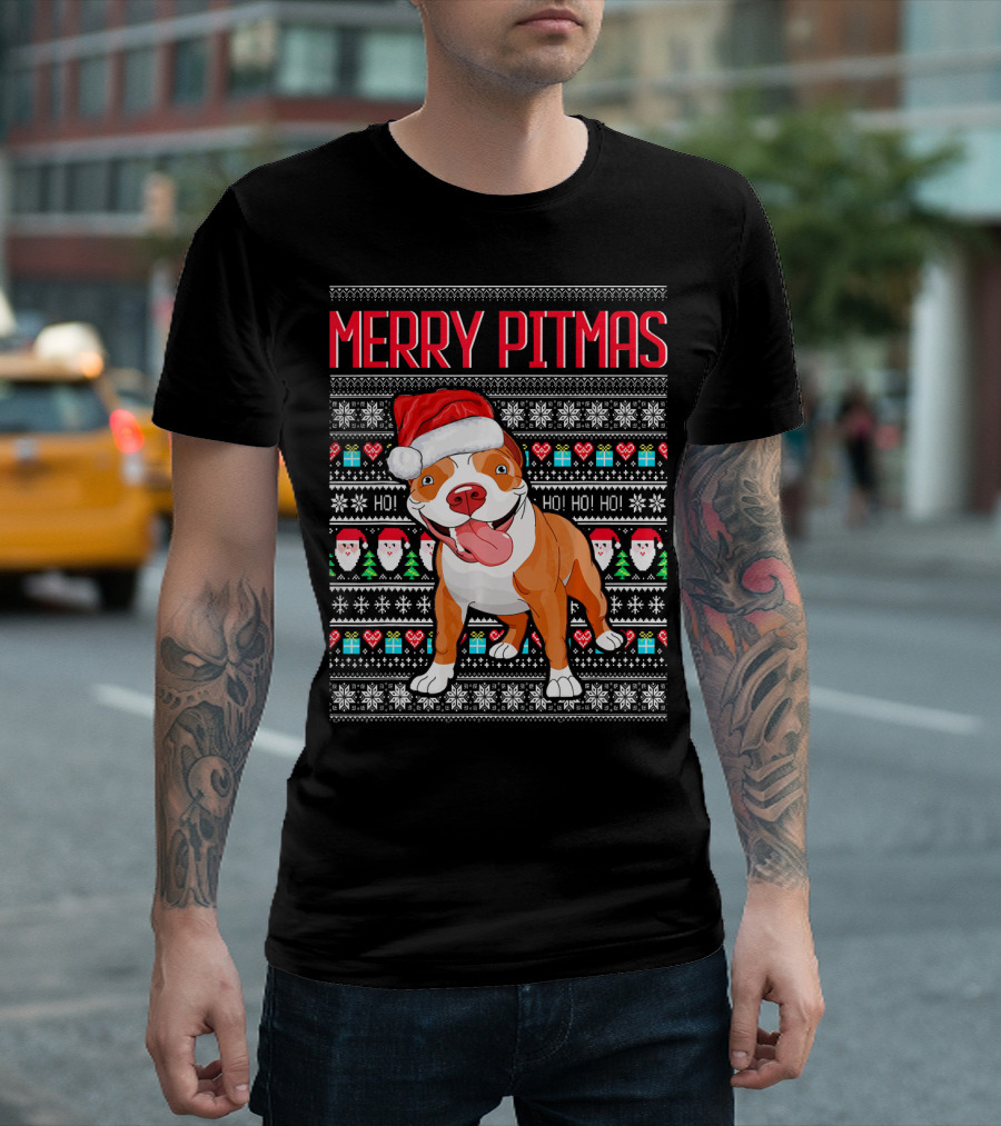 Merry Pitmas Santa Hat Dog Ho Ho Ho UglyStyle Christmas T-Shirt