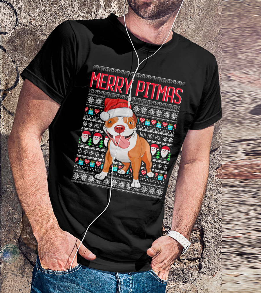 Merry Pitmas Santa Hat Dog Ho Ho Ho UglyStyle Christmas T-Shirt