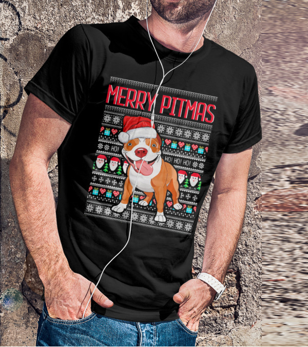 Merry Pitmas Santa Hat Dog Ho Ho Ho UglyStyle Christmas T-Shirt