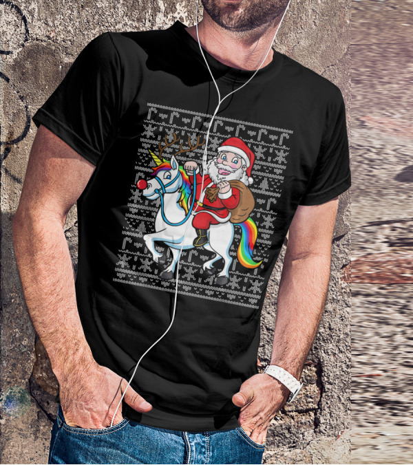 Santa Riding Reindeer-Antlered Rainbow Unicorn On Christmas T-Shirt