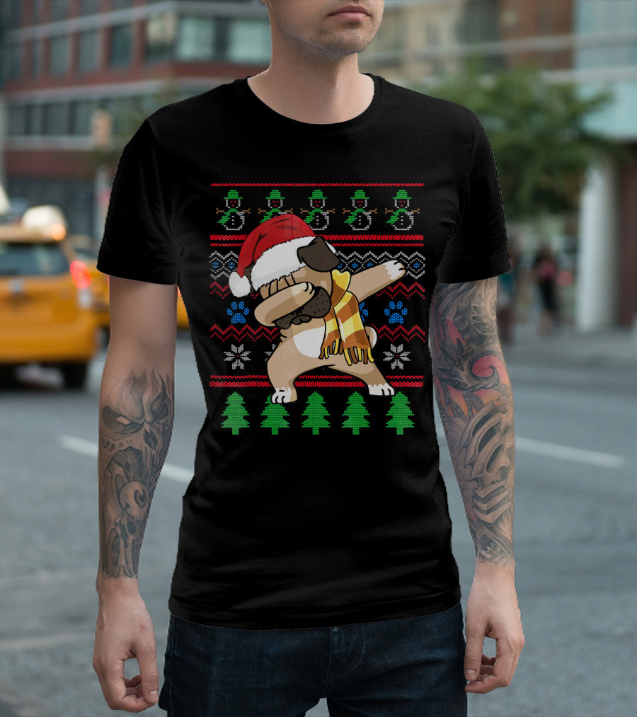 Pug Dabbing Santa Hat Christmas Snowman Tree Pattern UglyStyle T-Shirt