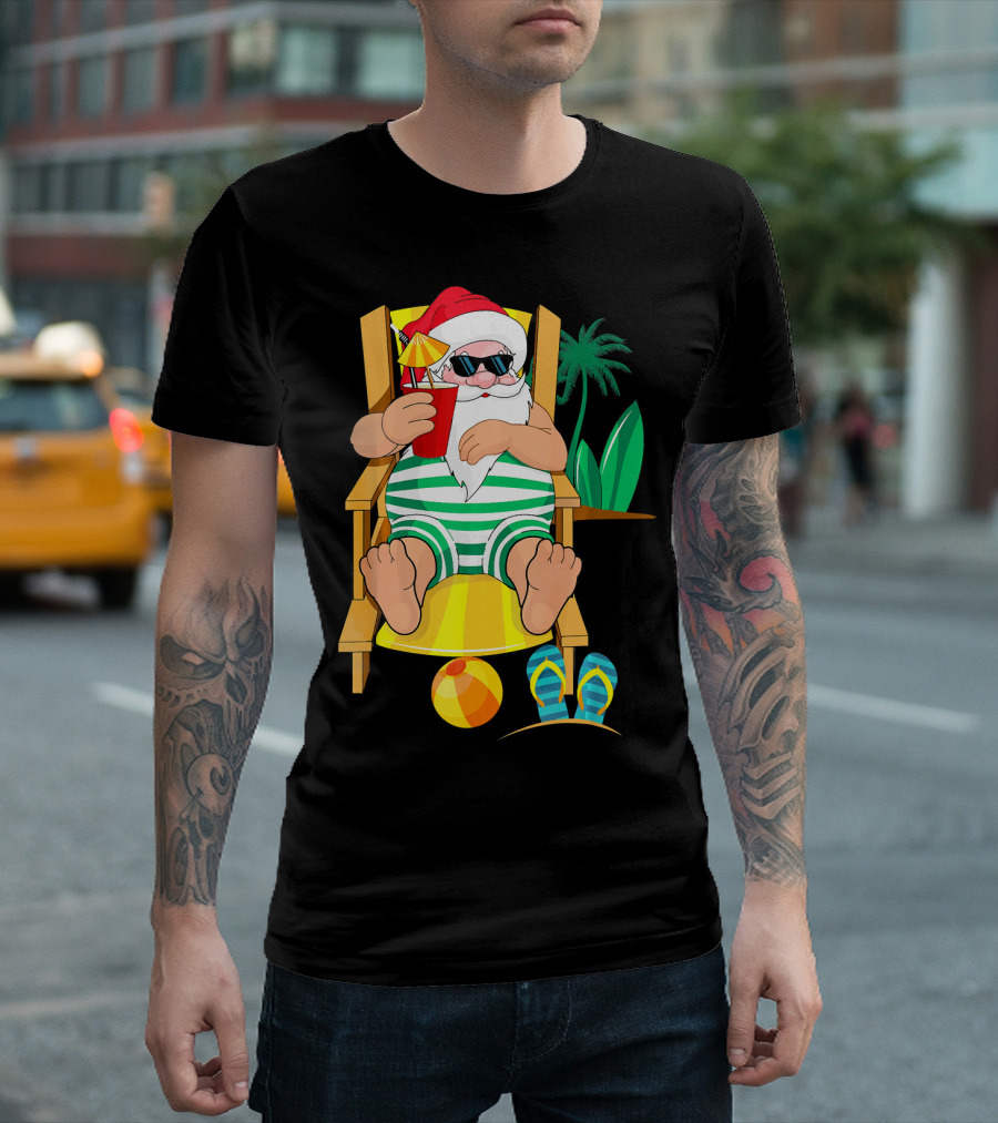 Christmas In July Santa Relaxing On Beach Chair With Cocktail And Palm Tree T-Shirt