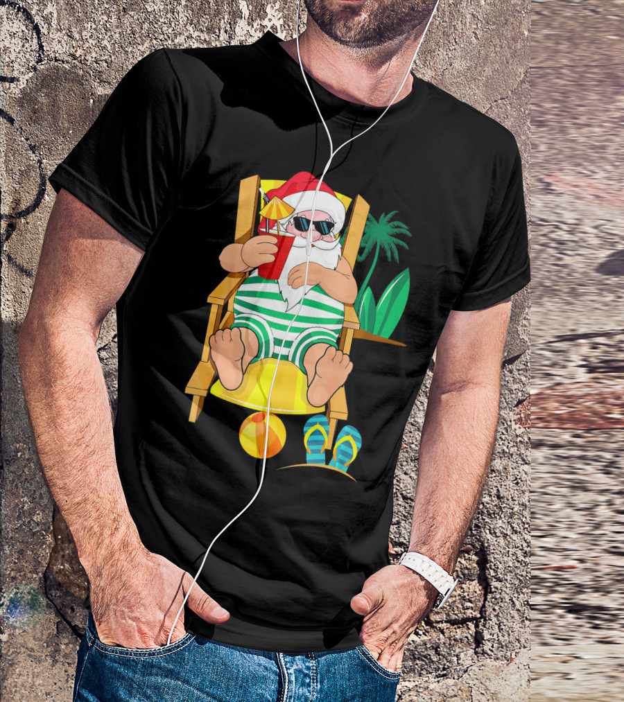 Christmas In July Santa Relaxing On Beach Chair With Cocktail And Palm Tree T-Shirt