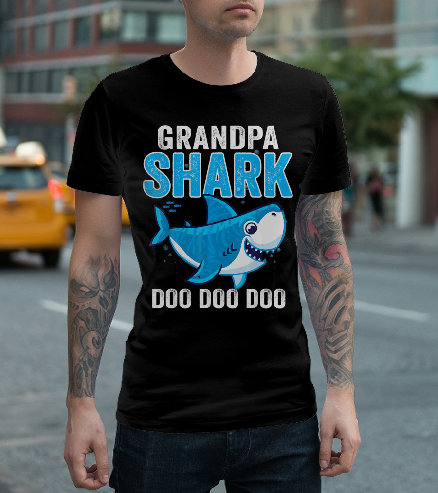 Grandpa Shark Doo Doo Doo Bright Blue Cartoon Shark T-Shirt