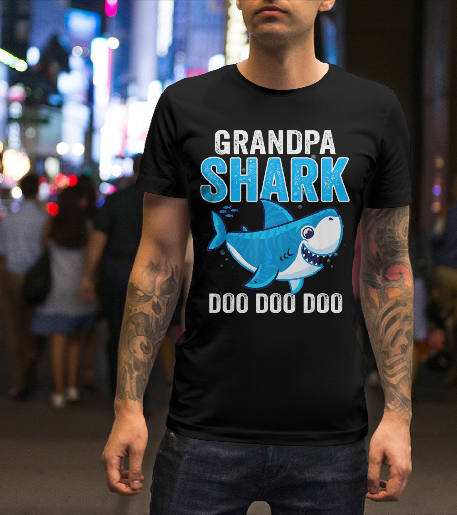 Grandpa Shark Doo Doo Doo Bright Blue Cartoon Shark T-Shirt