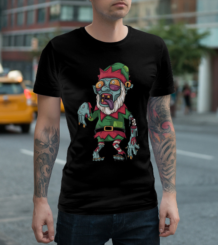 Zombie Christmas Elf Funny Cartoon Holiday T-Shirt