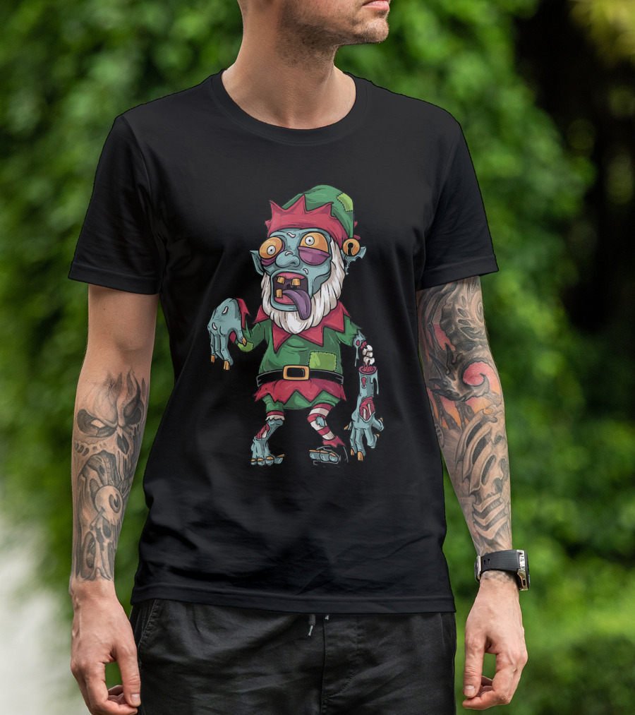 Zombie Christmas Elf Funny Cartoon Holiday T-Shirt