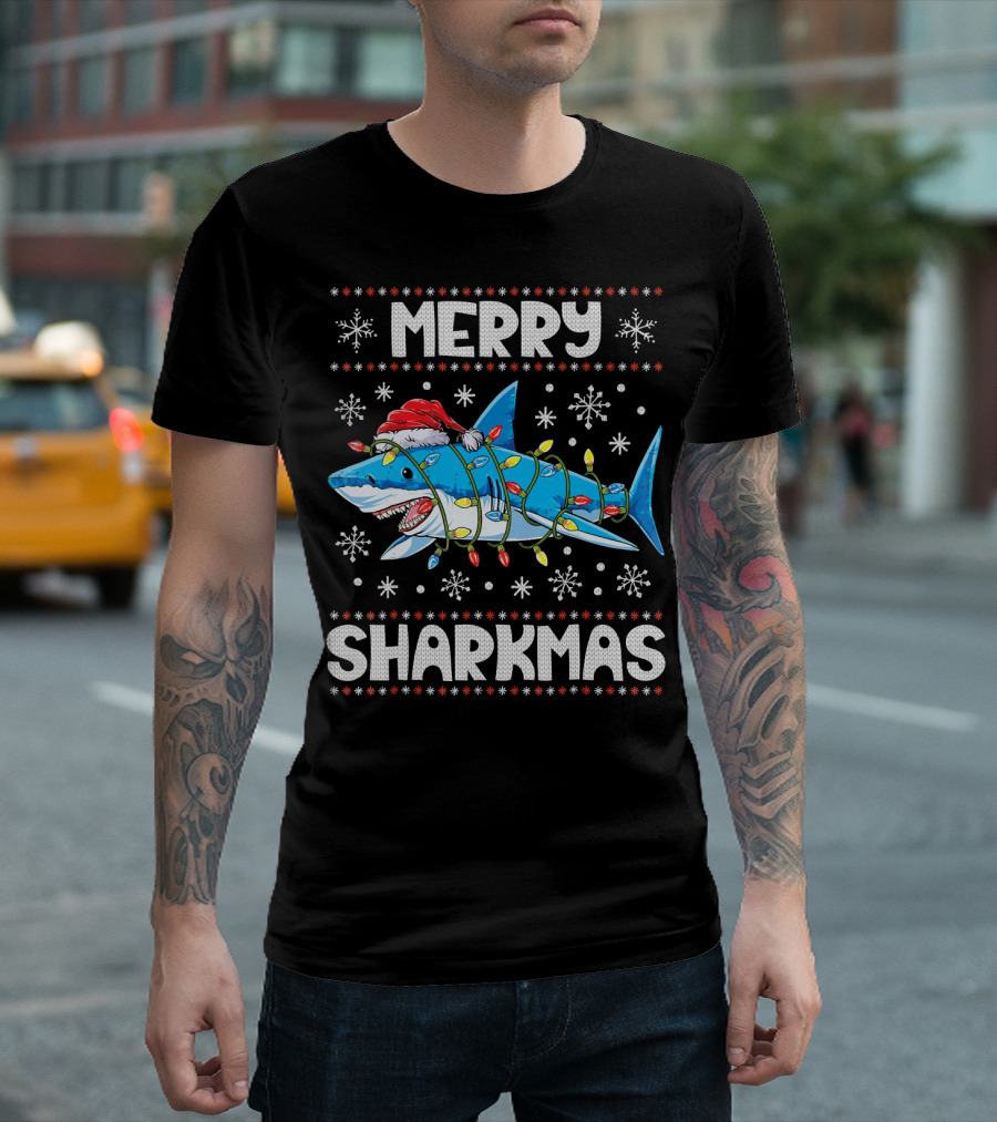 Merry Sharkmas Shark Santa With Lights And Snowflakes T-Shirt