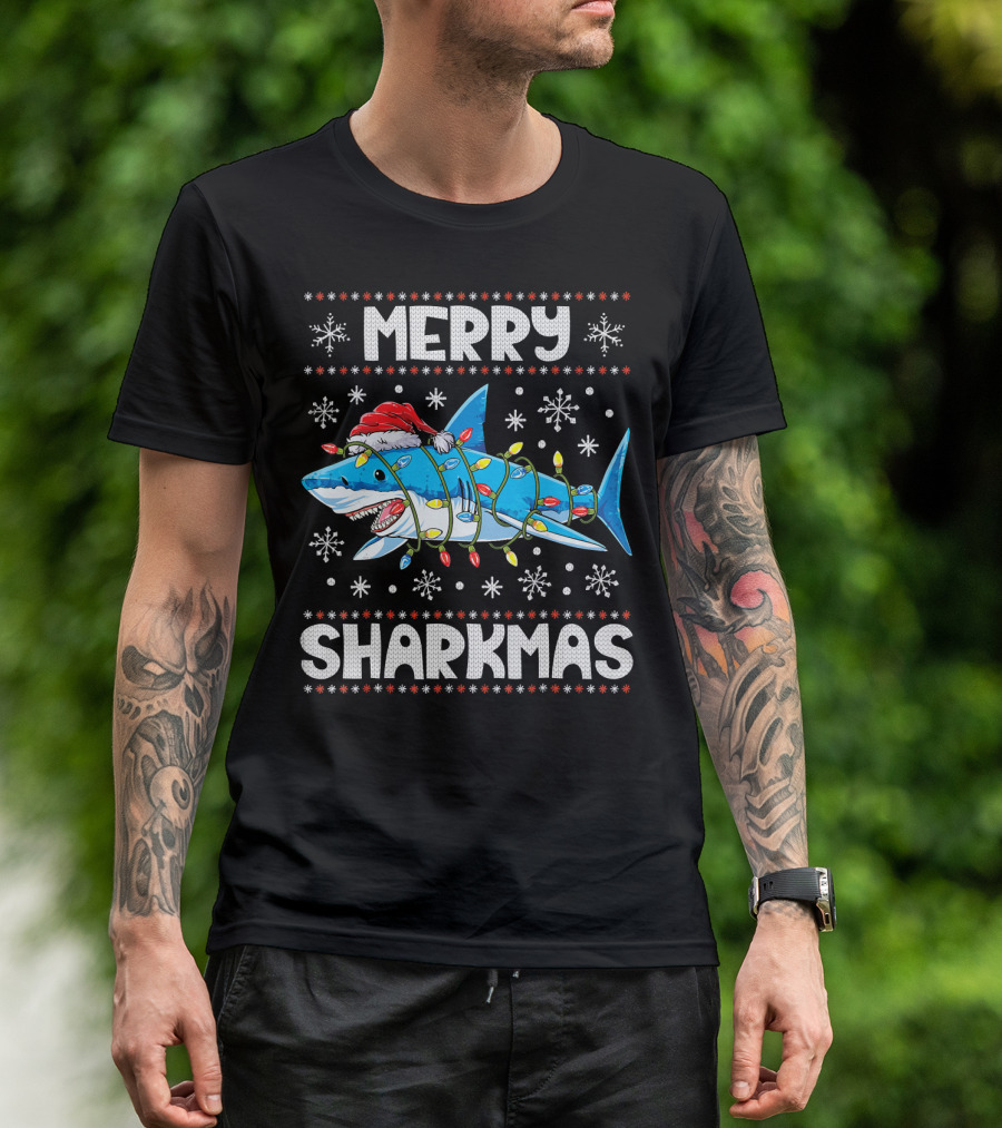 Merry Sharkmas Shark Santa With Lights And Snowflakes T-Shirt
