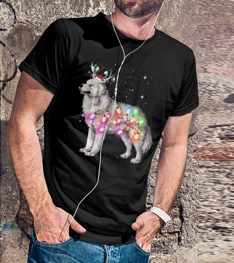 Christmas Lights Great Pyrenees With Reindeer Antlers And Santa Hat T-Shirt
