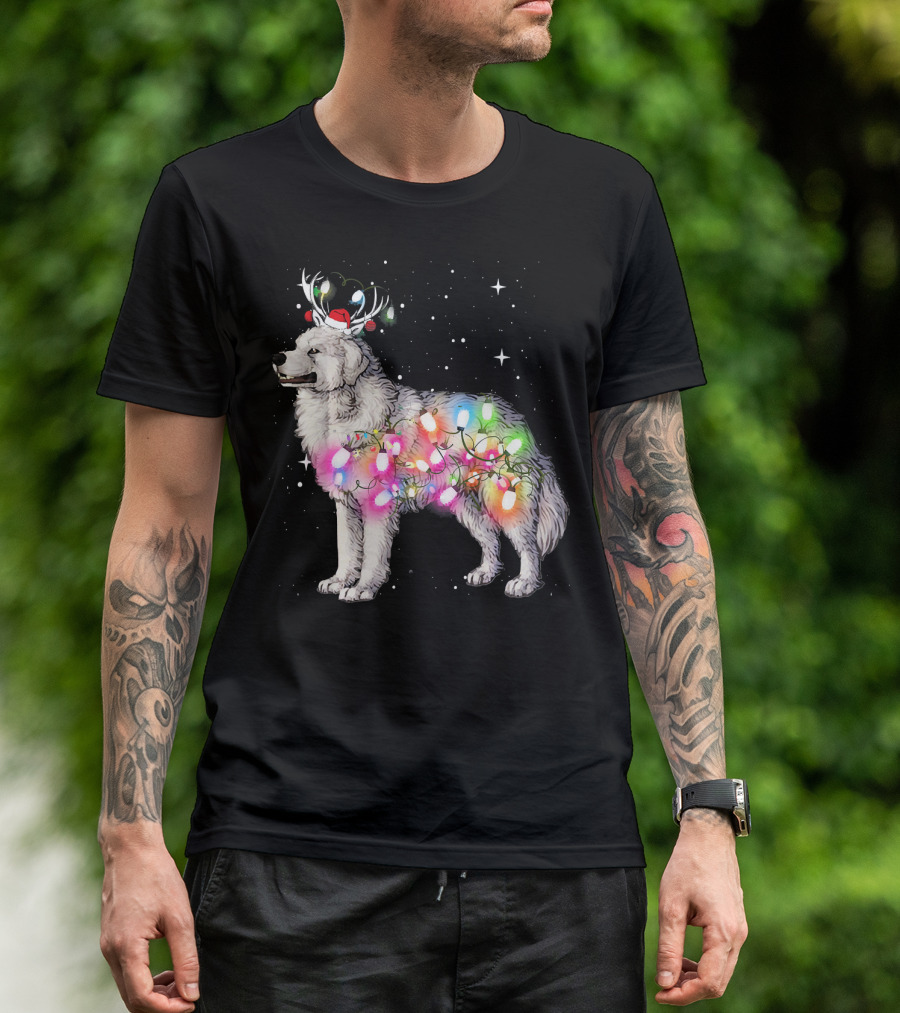 Christmas Lights Great Pyrenees With Reindeer Antlers And Santa Hat T-Shirt