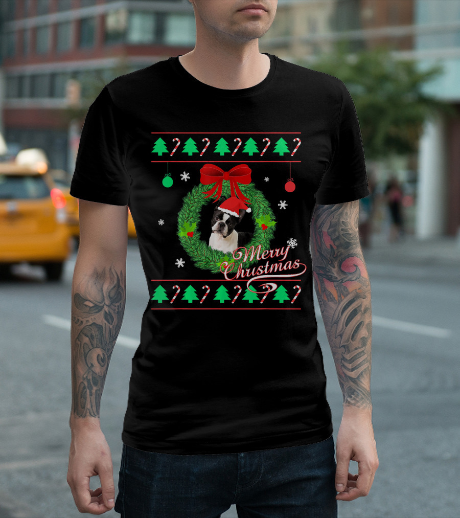 Merry Christmas Boston Terrier Wreath Candy Cane Trees T-Shirt