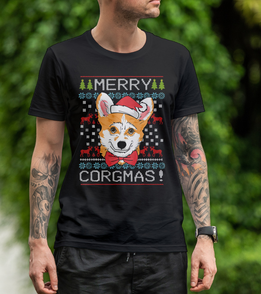 Merry Corgmas Christmas Corgi Santa Hat Festive Trees Bowtie Reindeer T-Shirt