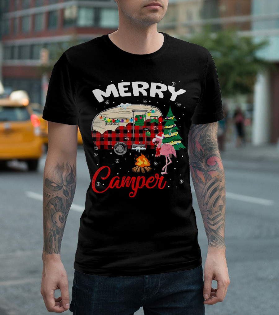 Merry Camper Christmas Camping Flamingo And Campfire Scene T-Shirt