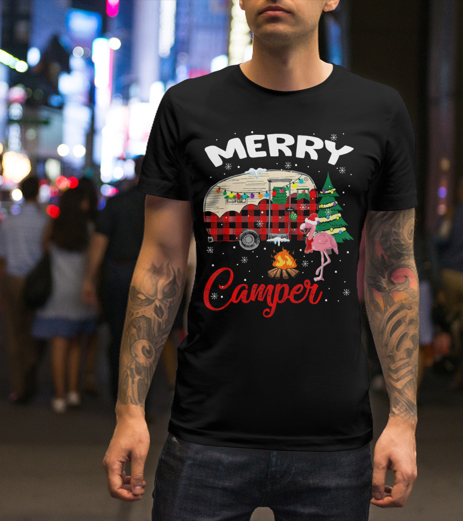 Merry Camper Christmas Camping Flamingo And Campfire Scene T-Shirt
