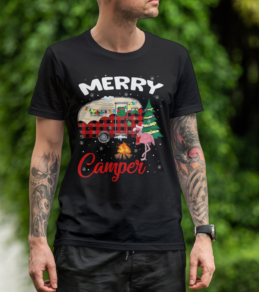 Merry Camper Christmas Camping Flamingo And Campfire Scene T-Shirt
