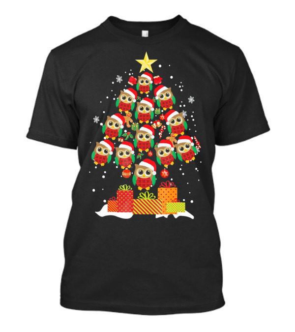 Owl Christmas Tree With Santa Hats And Presents For Owl Lovers T-Shirt