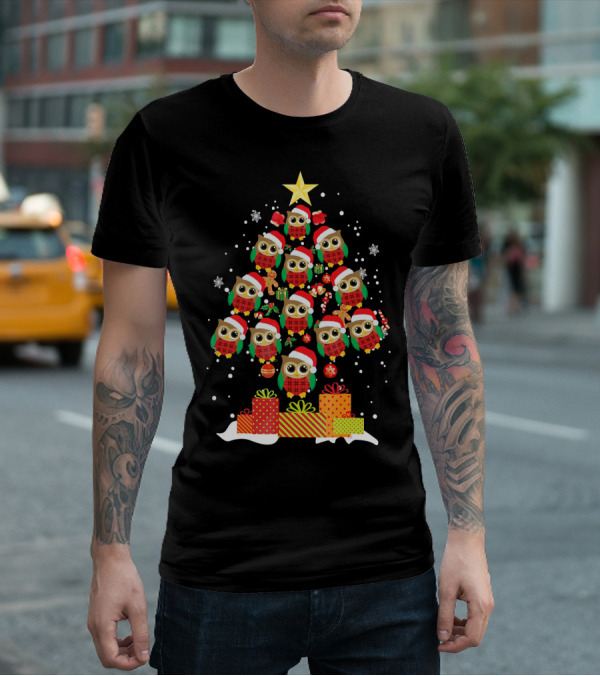 Owl Christmas Tree With Santa Hats And Presents For Owl Lovers T-Shirt