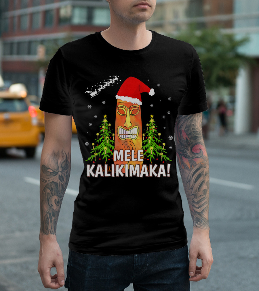 Mele Kalikimaka Santa Hat Tiki Christmas Trees Snowflakes Santa Sleigh T-Shirt