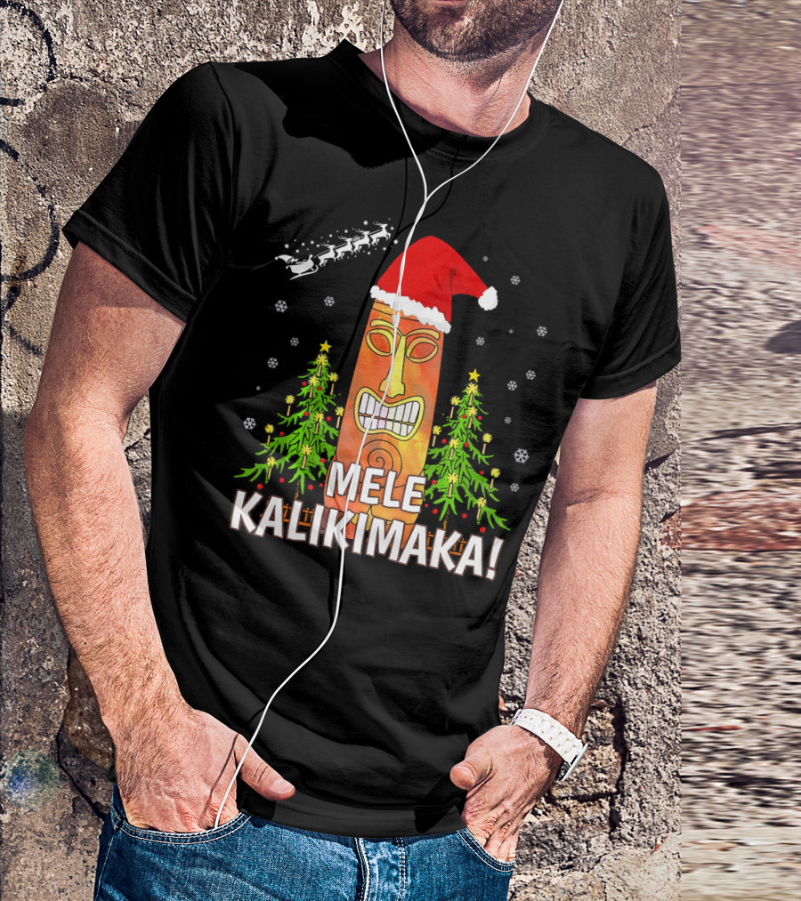 Mele Kalikimaka Santa Hat Tiki Christmas Trees Snowflakes Santa Sleigh T-Shirt