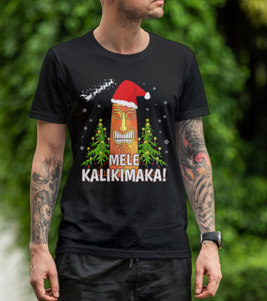 Mele Kalikimaka Santa Hat Tiki Christmas Trees Snowflakes Santa Sleigh T-Shirt