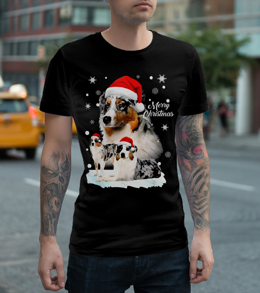 Australian Shepherds Merry Christmas Santa Hats Snowflakes T-Shirt