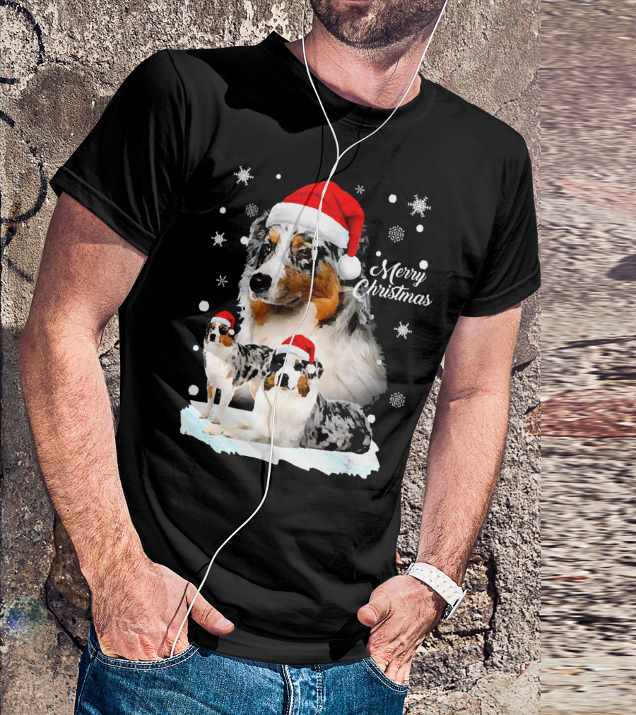 Australian Shepherds Merry Christmas Santa Hats Snowflakes T-Shirt