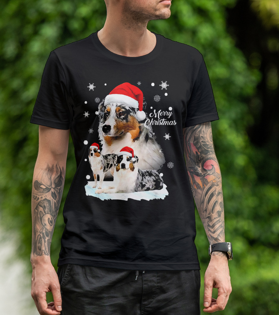 Australian Shepherds Merry Christmas Santa Hats Snowflakes T-Shirt