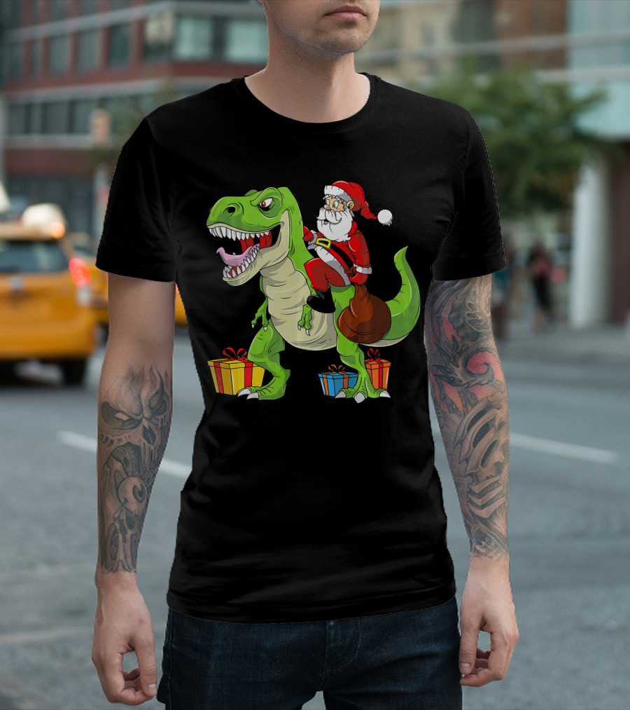 Funny Christmas Kids Santa Riding Dinosaur with Gifts T-Shirt