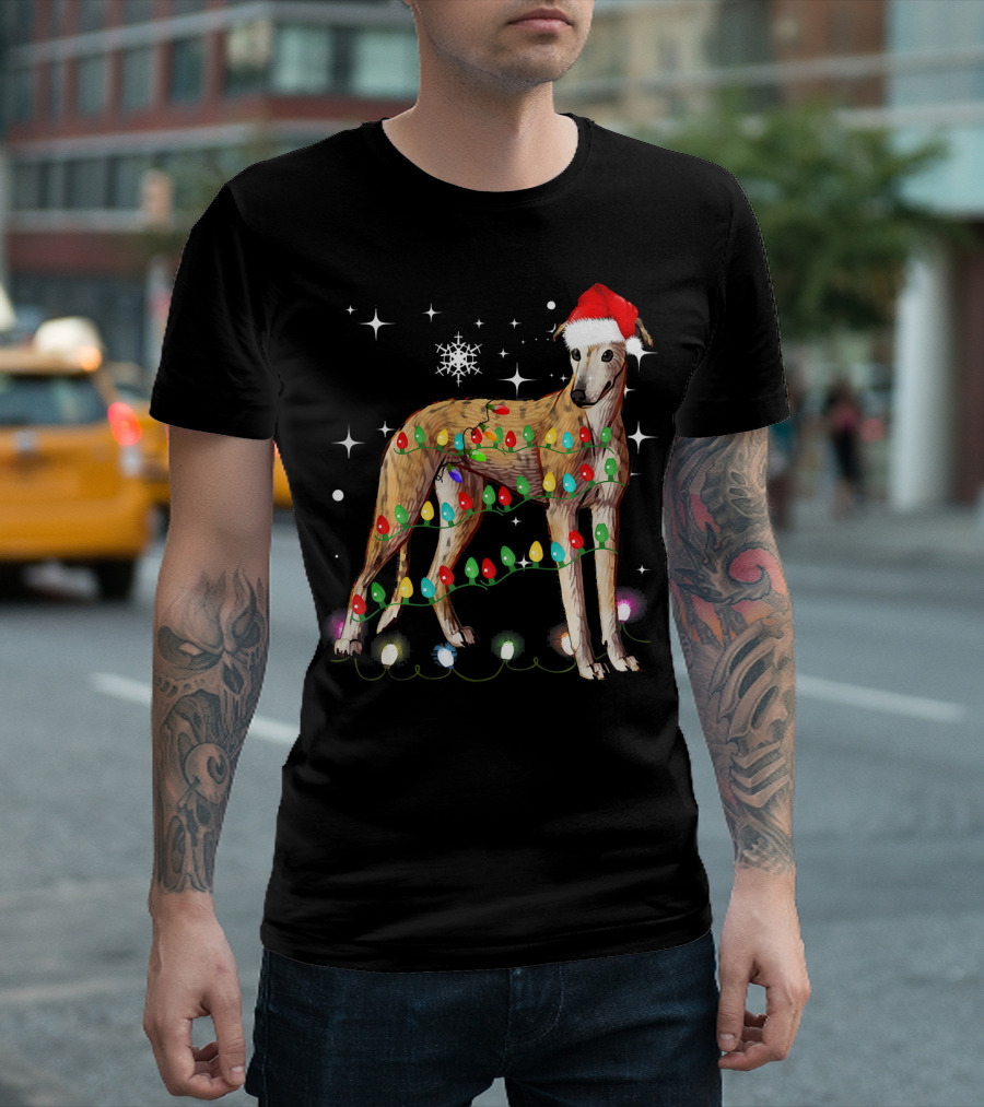 Greyhound Dog With Christmas Lights And Santa Hat T-Shirt