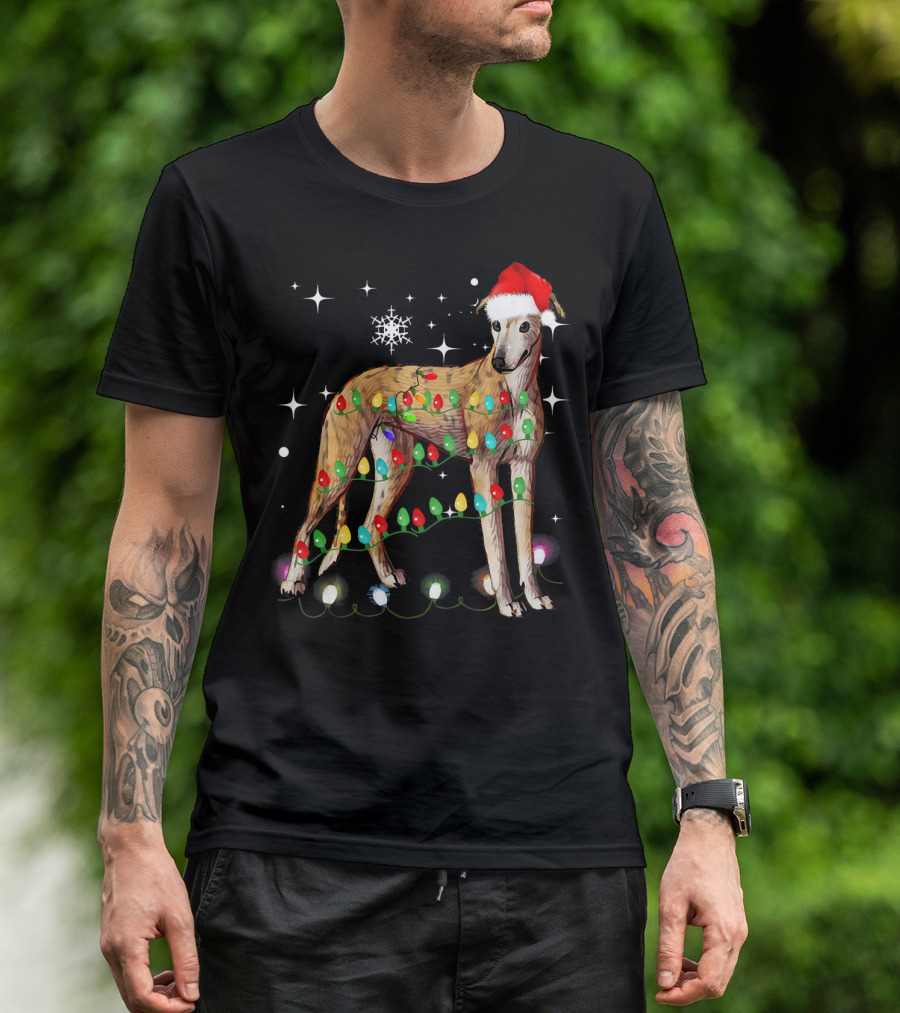 Greyhound Dog With Christmas Lights And Santa Hat T-Shirt