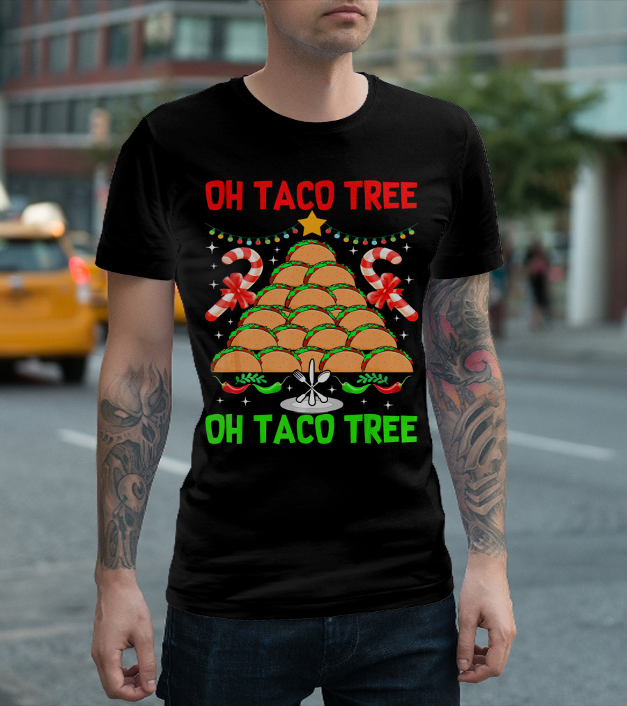 Oh Taco Tree Christmas Candy Cane Funny Party T-Shirt