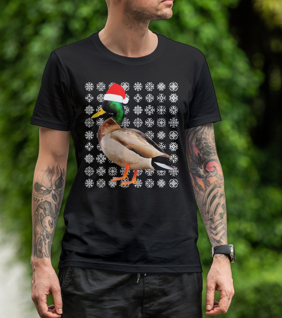 Mallard Duck In Santa Hat With Snowflake Pattern Background T-Shirt