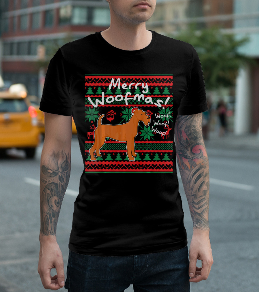 Merry Woofmas Irish Terrier Dog Woof Woof Santas Hat Fair Isle Pattern Sweater Holiday T-Shirt