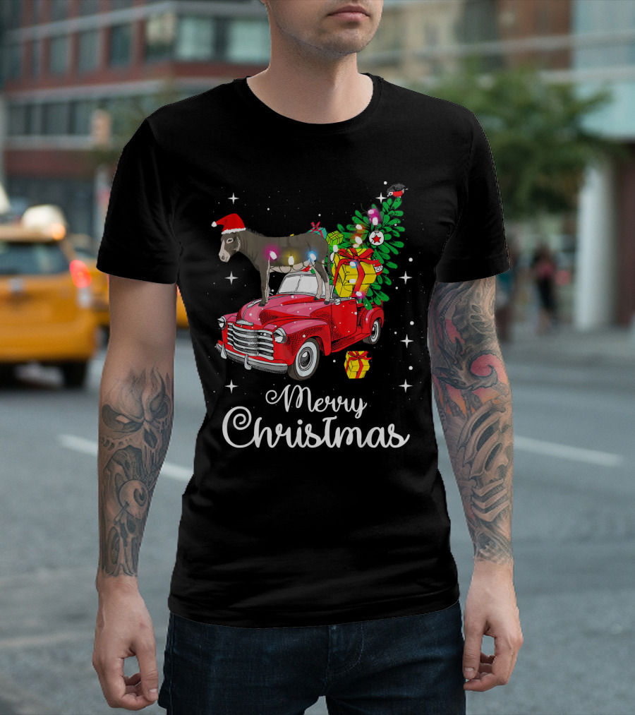 Merry Christmas Donkey Rides Red Truck With Santa Hat And Presents T-Shirt